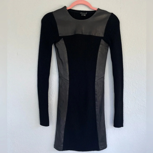 Theory Black Lambskin Leather Trim Long Sleeve Stretch Sweater Dress Size P/TP - Picture 2 of 11